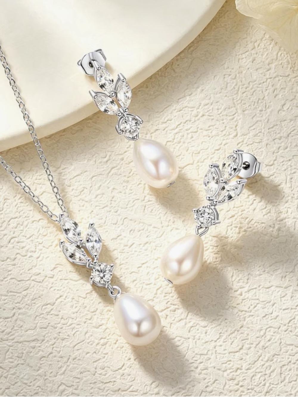 Allure Silver-Tone White Pearl Teardrop Necklace and Earrings Set